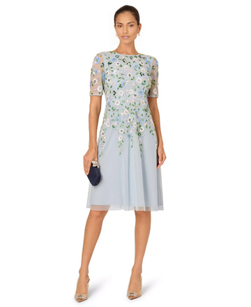 A-Line Round Neck Short Sleeve Mesh Wedding Guest Dress Midi Cocktail Dress with Beaded Floral Embroidery