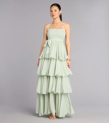 A-Line Princess Spaghetti Strap Tiered Ruffle Maxi Dress Ruffle Chiffon Prom Dress