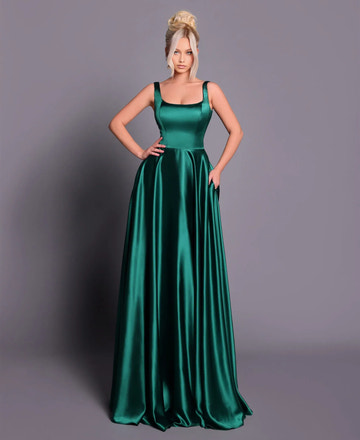 Elegant A-Line Square Neck Satin Gown With Pockets Formal Evening Dress