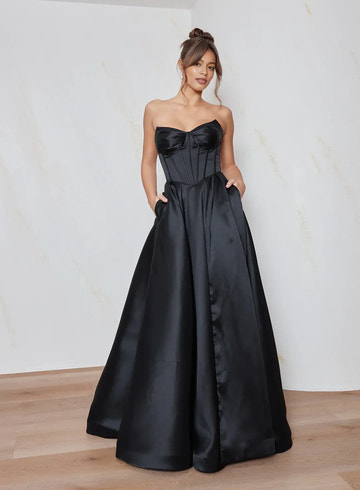 Elegant A-Line Strapless Corset Satin Maxi Gown Formal Evening Dress