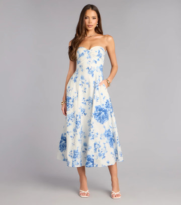 A-Line Strapless Floral Print Midi Formal Dress Sweetheart Evening Dress With Pockets