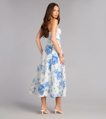 A-Line Strapless Floral Print Midi Formal Dress Sweetheart Evening Dress With Pockets