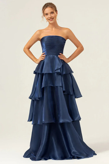 Vestido de Noche Formal Acampanado, sin Mangas, sin Tirantes, Fruncido, con Volantes, hasta el Suelo