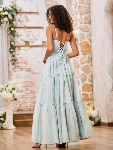 A-Line V-Neck Spaghetti Strap Print Chiffon Tiered Ruffled Lace-Up Bridesmaid Dress