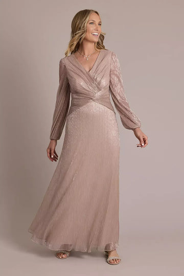 A-line V-Neck Twist Waist Long Sleeve Shimmer Metallic Gown Mother of the Bride Dress