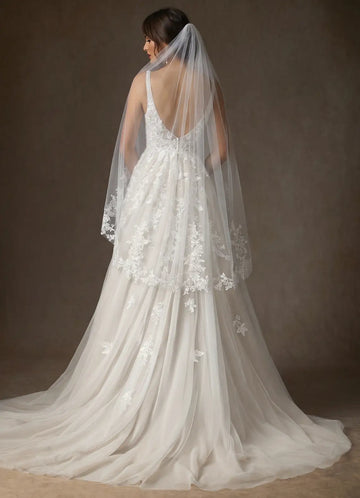 Romantic Sheer Tulle Floral Lace Two-Tier Chapel Length Bridal Wedding Veil