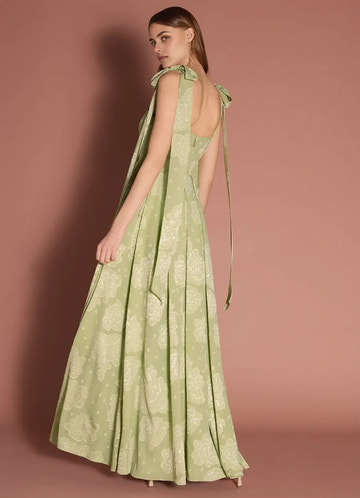 Elegant A-line Square Neck Sleeveless Jacquard Maxi Tie Slit Wedding Guest Dress