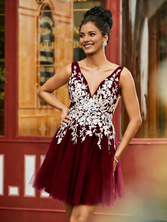 V-Neck White Floral Lace Applique Mini Dress - Satin/Tulle A-Line Homecoming & Cocktail Dress