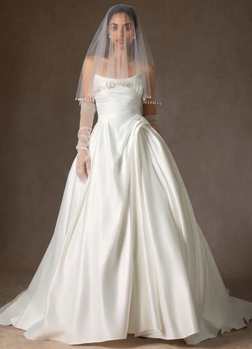 Elegant Sheer Tulle Pearl Beaded Two-Tier Hip Length Bridal Wedding Veil