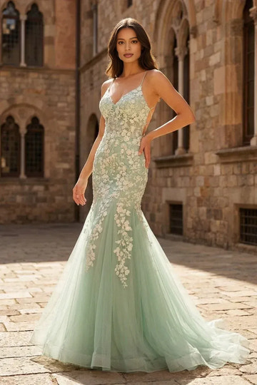 Mermaid Spaghetti Strap Floor Length Prom Dress With Appliques