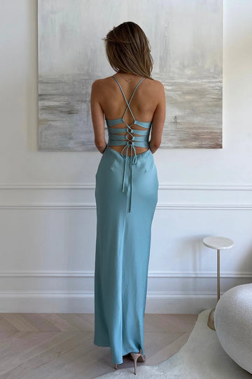 Sleek Sheath Deep V Spaghetti Strap Lace-Up Floor Length Prom Dress