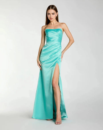 Aqua blue strapless sheath prom dress with gathered bodice and high front slit front view