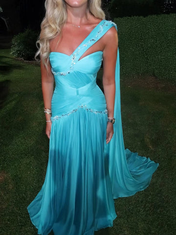 Aqua sweetheart one-shoulder prom dress with beaded strap and pleated bodice