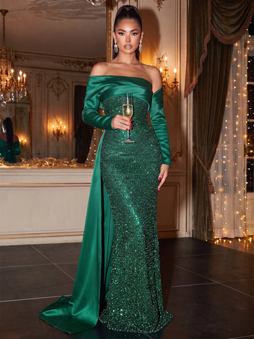 Vedress emerald green sequin mermaid evening dress with an off-shoulder neckline, long sleeves, and flowing side drape.