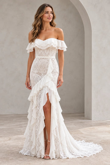 Vedress lace mermaid wedding dress with an off-shoulder sweetheart neckline, layered ruffle sleeves and a cascading ruffle slit skirt, front view