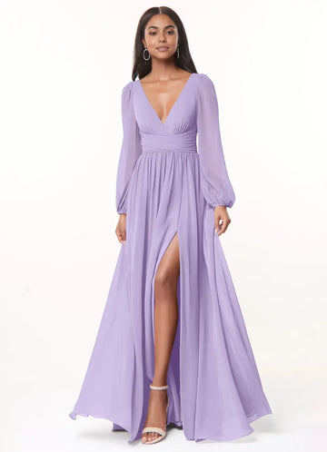 A-Line/Princess Chiffon Plunging Neck Long Sleeves Bridesmaid Dresses Wedding Guest Dresses With Slit