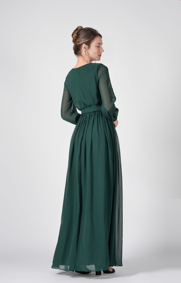 Elegant A-Line V-Neck Long Sheer Sleeve Open Back Floor-Length Bridesmaid Wedding Guest Dresses