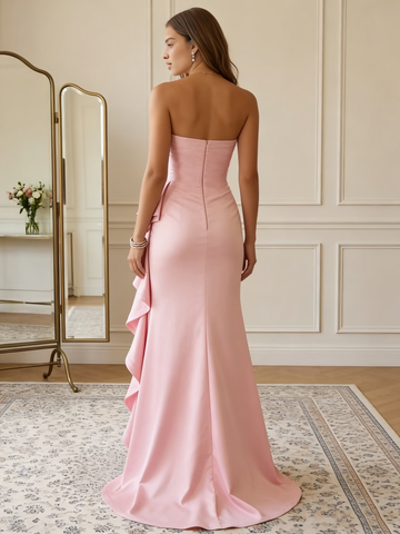 Elegantes Vestidos de Noche Sirena de Satén con Abertura Lateral, Sin Tirantes, Sin Mangas, Espalda Abierta, Largos