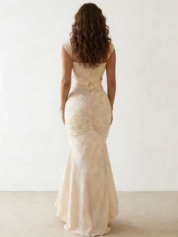 Luxury Textured Mermaid Square Neck Cap Sleeve Ruched Back Maxi Evening Dress Sleeveless Ruched Formal Dress
