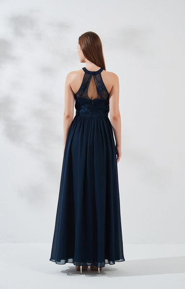 Elegant A-Line Halter Neck Sleeveless Open Back Bridesmaid Dresses Chiffon Lace Floor-length Wedding Guest Dresses