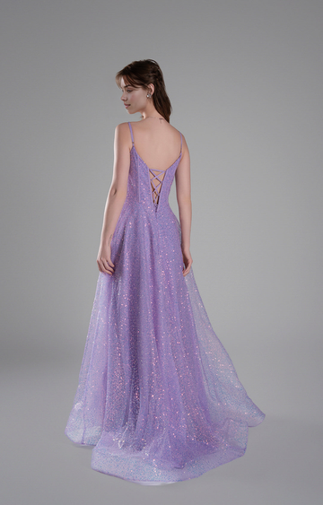 Vestidos de fiesta largos hasta el suelo con tirantes finos, escote corazón, espalda descubierta y purpurina en corte A