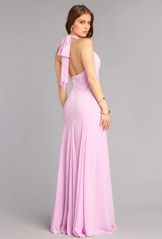 Romantic A-Line Halter Neck Sleeveless Open Back Floor Length Formal Gown Prom Dress