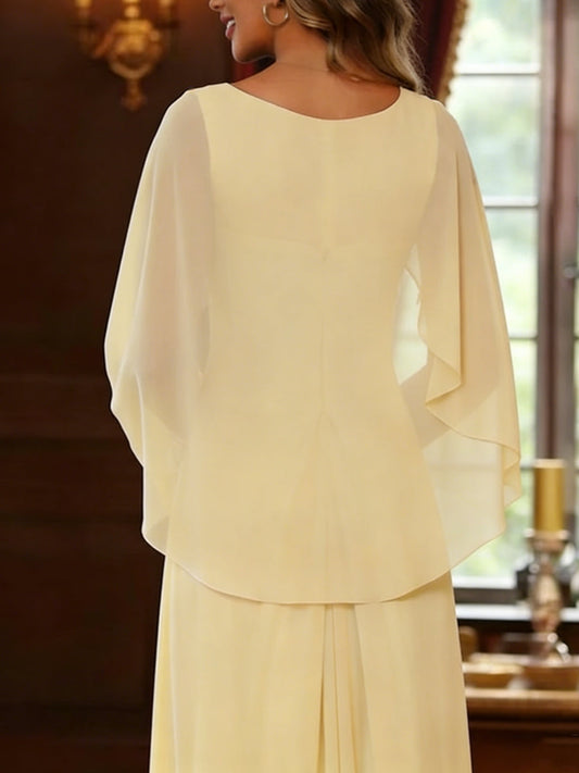 Elegant Scoop Chiffon Mother of the Bride Dresses Lace Floral Embroidered Round Neck Cape Sleeve Maxi Formal Gown