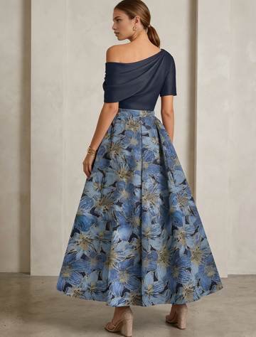 Elegant A-Line Floral Jacquard Mother of the Bride Dresse One Shoulder Short Sleeve Open Back Midi Formal Dress
