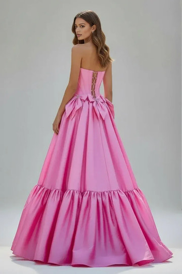 Glamorous Satin Ball Gown Strapless Corset Bow Ruffle Floor Length Prom Dress