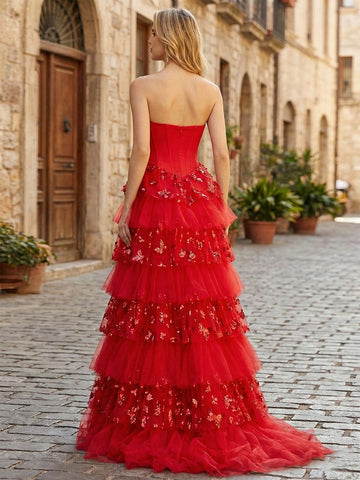 Vedress strapless prom dress with structured bodice zipper back and tiered tulle skirt