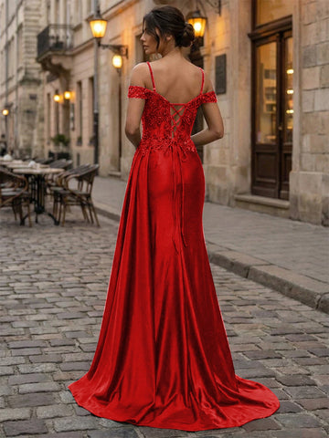 Vedress red satin prom dress with embellished back panels, crisscross corset lacing, shoulder straps, and a sweep train, back view.