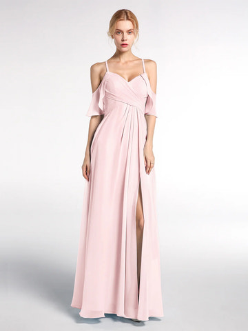 Cold Shoulder Sweetheart Neck Ruffle Chiffon Bridesmaid Maxi Dress with Slit