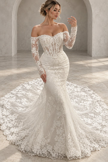 Vedress lace mermaid wedding dress with an off-shoulder sweetheart neckline, sheer long sleeves and a floral lace train, front view