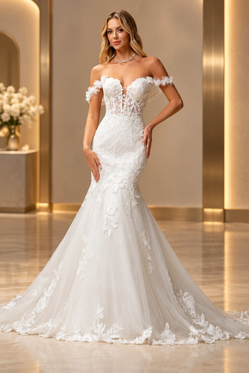 Vedress lace tulle mermaid wedding dress with a plunging sweetheart neckline, floral off-shoulder bands and a sheer corset-style bodice.