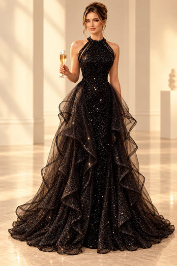 Front view of a Vedress black glitter tulle wedding dress with a sleeveless halter neckline and cascading ruffled A-line skirt