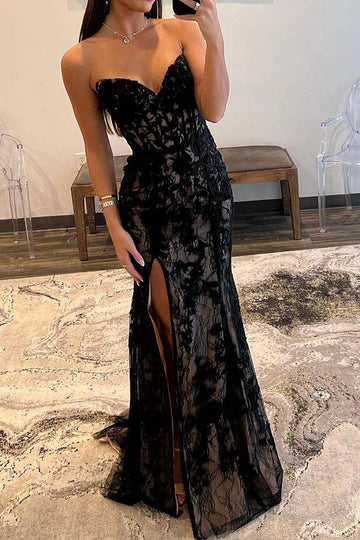 Black strapless sweetheart prom dress with lace overlay and high slit by Vedress