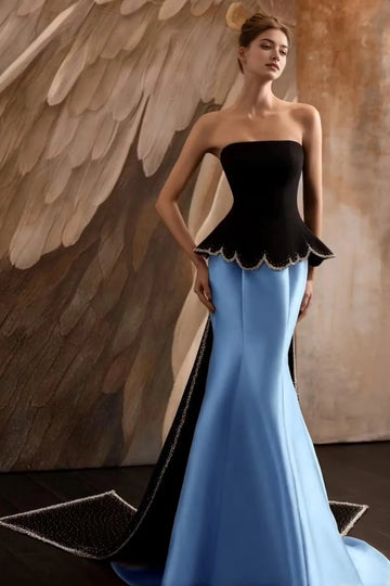 Regal Mermaid Straight Neck Strapless Cape Back Floor Length Evening Dress