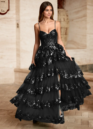 Black sweetheart spaghetti strap sequin prom gown with tiered ruffle skirt, A-line silhouette, and dramatic formal evening style by VEDRESS