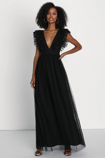 Women's Sleeveless V-Neck Maxi Dress with Ruffled Off-the-Shoulder Flowing Mesh Bridesmaid Dresses