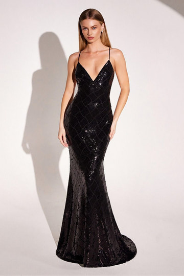 Black Sequin Deep V Backless Mermaid Evening Gown - Sparkly Grid Pattern Women Evening Formal Gown