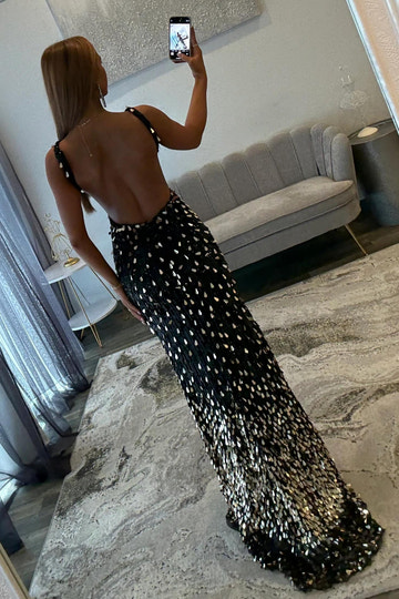 Sparkly Mermaid V Neck Gold Sequins Long Prom Dress Open Back Sweep/Brush Evening Dresses With Slit
