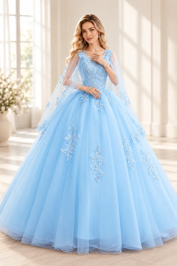 Front view of a Vedress blue tulle prom ball gown with a V-neck lace bodice, sheer cape sleeves and scattered floral appliques