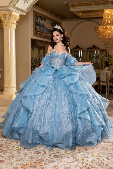 blue ruffled Quinceañera ball gown with sweetheart off-shoulder bodice