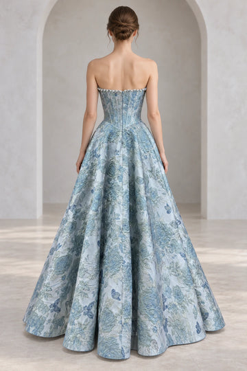 Dreamy Blue Floral Jacquard-Look Ball Gown Strapless Sleeveless Zip-Back Floor-Length Prom Dress