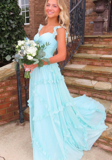 Elegante vestido de fiesta de gasa con volantes hasta el suelo y corte en A, escote corazón, con aberturas, formal para noche