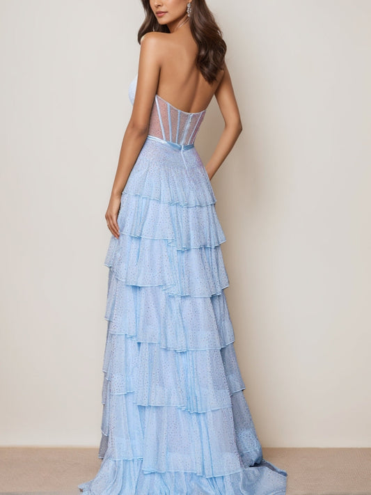 A-Line Princess Ball gown Elegant Tiered Strapless Sleeveless Corset Back Maxi Evening Gown