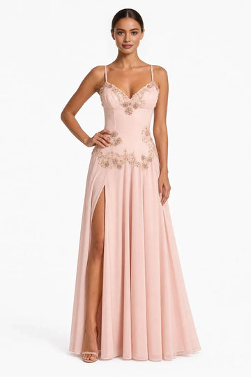 Blush pink wedding guest dress with beaded appliqué and high slit