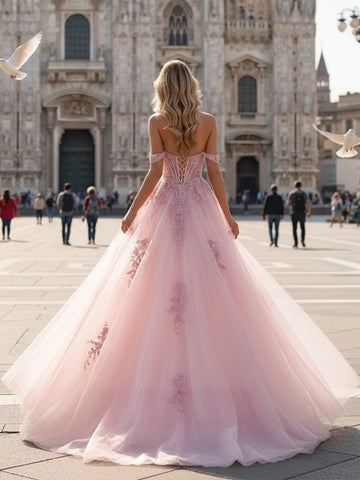 Blush pink off shoulder prom dress with lace-up corset back and flowing floor length A-line skirt