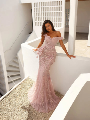 Blush pink off shoulder mermaid evening dress with floral appliqués and beaded lace by Vedress