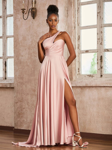 Blush pink one-shoulder floor-length prom dress with draped bodice and high slit